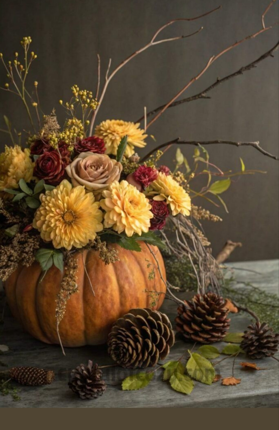 Photo d’inspiration pour l’atelier « Décor Automne 2026 » de Rouge Pivoine à Caen. Une citrouille orange sert de contenant à une composition de fleurs jaunes, crème, vieux rose et bordeaux, accompagnées de feuillages, baies et longues branches fines. Au premier plan, plusieurs pommes de pin et feuilles vertes reposent sur une table sombre. Décoration florale d’automne au style naturel et rustique. Aucun texte ni prix visible.