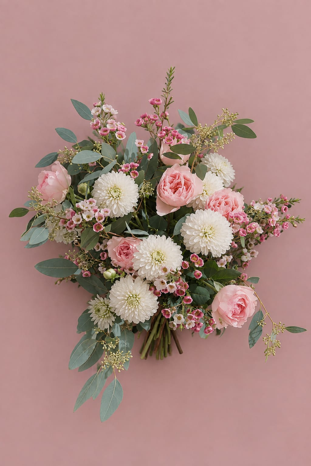 Photo produit du bouquet « Comme au Jardin — Automne » de Rouge Pivoine sur fond rose poudré. La composition champêtre réunit de grandes fleurs blanches rondes, des roses rose pâle et saumon, de petites fleurs roses, des feuillages d’eucalyptus gris-vert et des tiges fines retombantes. Bouquet de saison photographié à plat, avec les tiges visibles au centre bas. Visuel pour commande et livraison de bouquet de fleurs à Caen. Aucun texte ni prix visible.