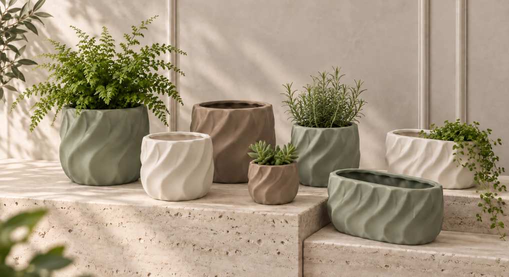 Ambiance de la collection Chanty — contenants et plantes présentés séparément